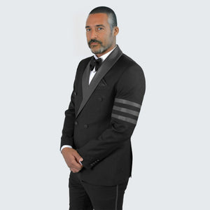 Black Double Breasted Tuxedo With Bar Jacket- Wedding - Prom