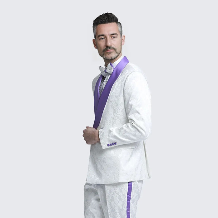 White and Purple Tuxedo with Textured Paisley Design Two Piece Set - Wedding - Prom