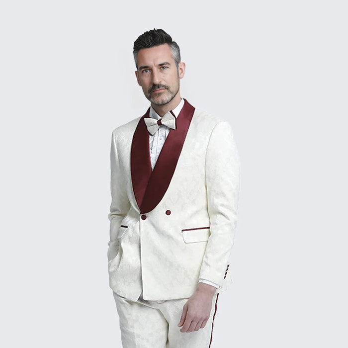 Ivory and Burgundy Tuxedo with Textured Paisley Design Two Piece Set - Wedding - Prom