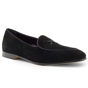 Zelli Hand-Stitched Sueded Goatskin Loafer with Crocodile Vamp in Black