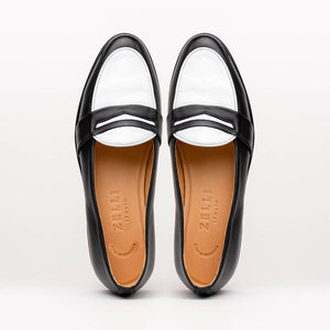 Zelli Alba Calfskin Spectator Penny Loafers in Black and White