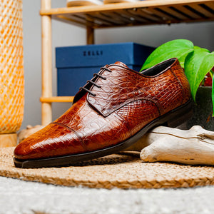 Zelli Andrea Genuine Crocodile Cap Toe Derby Dress Shoes in Cognac
