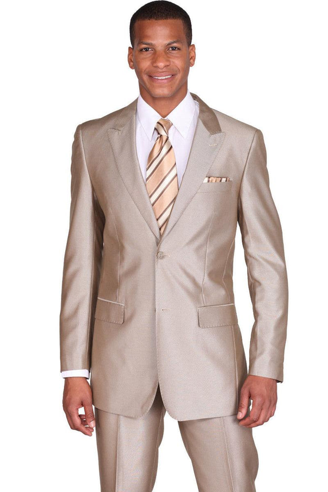 Answer: Tan "Shiny Sharkskin" 2-Button Slim-Fit Suit with Peak Lapel by Fortino Landi - USA Men's Outlet