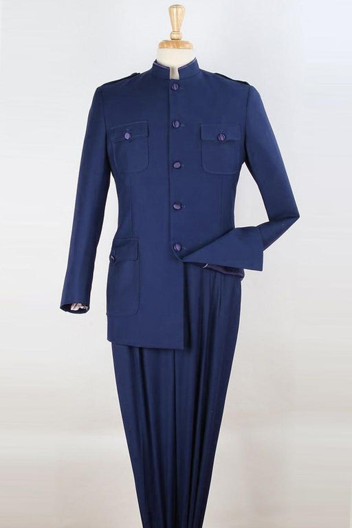 Apollo King 5-Button Navy Safari Banded Suit - Refined Menswear - USA Men's Outlet