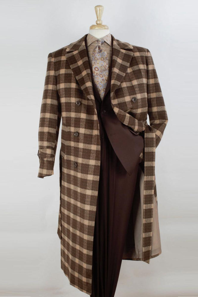 Apollo King Brown Windowpane Overcoat: Belted Mens Wool Double Breasted Full Length - USA Men's Outlet