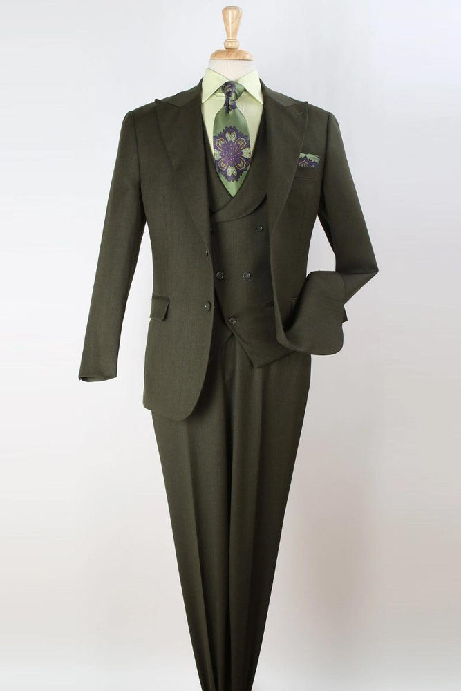 Apollo King: Classic Wide Lapel Slant Vest Suit in Olive Green - USA Men's Outlet