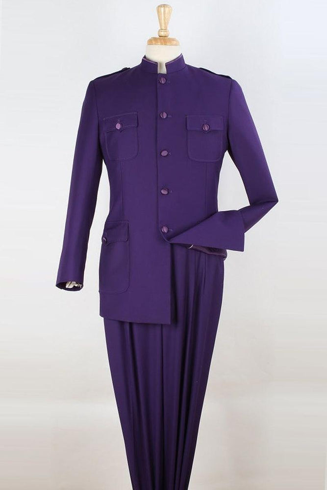 "Apollo King Men's 5-Button Safari Suit - Military-Inspired Mandarin Collar in Purple" - USA Men's Outlet