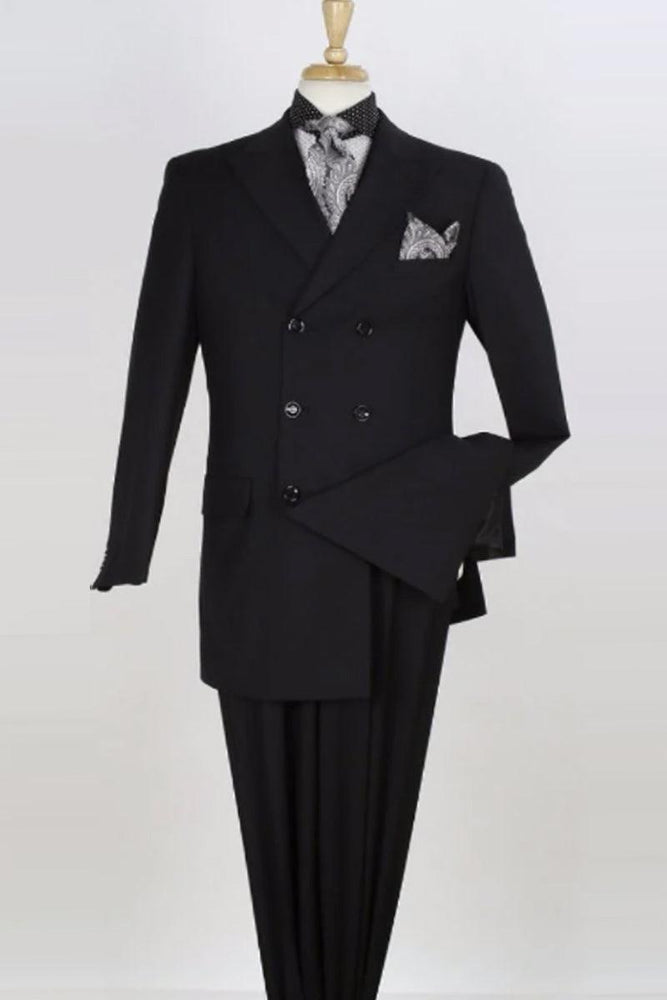 Apollo King Men's Black Wool Vested Suit: Double-Breasted Elegance - USA Men's Outlet