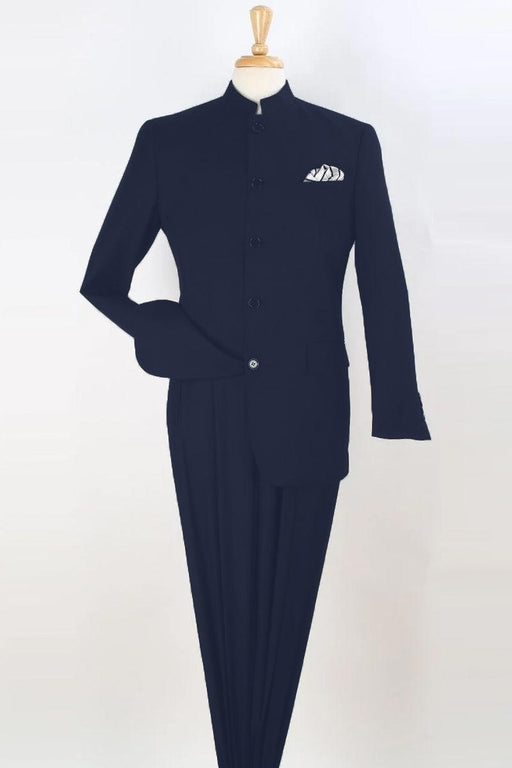 Apollo King Men's Navy Mandarin Suit - 5-Button Banded Collar Fashion - USA Men's Outlet