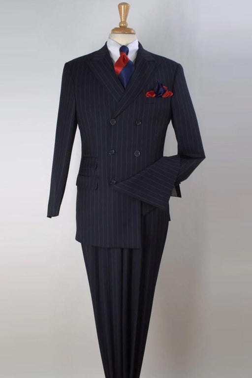 Apollo King Men's Navy Pinstripe Wool Vested 3/4 Double Breasted Suit - USA Men's Outlet