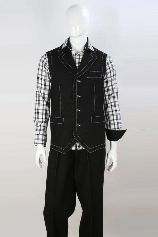 Apollo King Men's Notch Lapel Black Denim Double-Breasted Vest and Pant Set - USA Men's Outlet