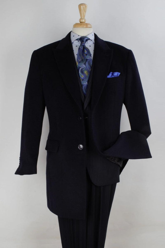 "Apollo King Men's Stylish Navy Wool Car Coat - 2-Button Peak Lapel" - USA Men's Outlet