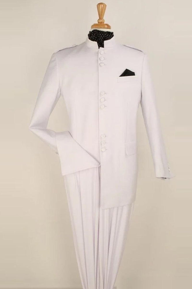 Apollo King Men's White Military Banded Collar Safari Suit - USA Men's Outlet