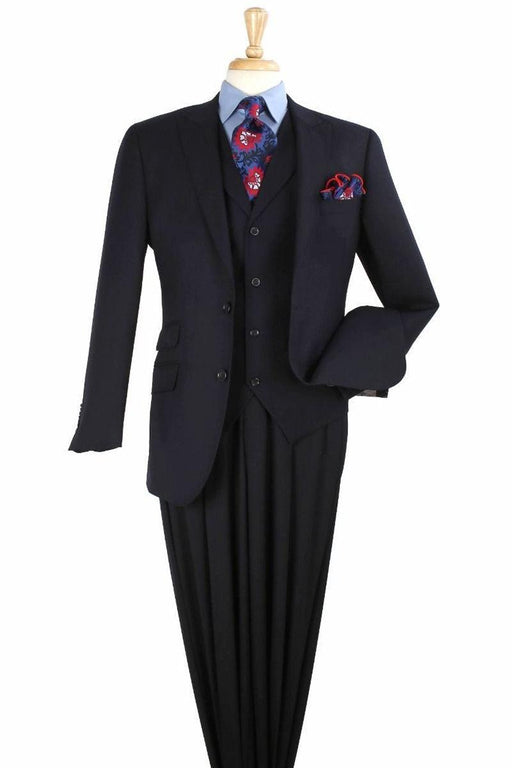 Apollo King Men's Wool Navy Blue Suit: 2 Btn Wide Peak Lapel DB Slant Vest - USA Men's Outlet