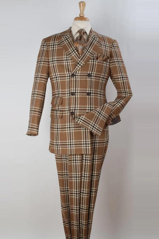 Apollo King Men's Wool Vested Suit: Tan & Brown Windowpane Plaid 3QTR DB - USA Men's Outlet