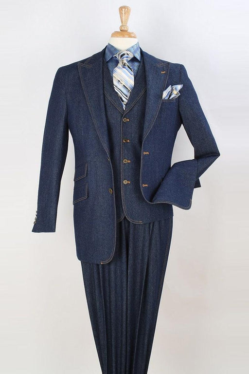 Apollo King Two-Button Peak Lapel Vested Denim Suit - Cool Blue Navy - USA Men's Outlet