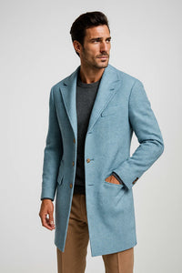 Mens Carcoat - Light Blue Three Quarter Peak Lapel Topcoat