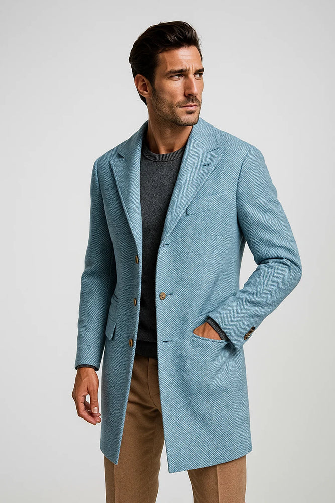 Mens Carcoat - Light Blue Three Quarter Peak Lapel Topcoat
