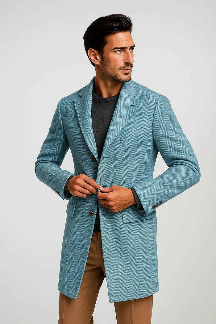 Mens Carcoat - Light Blue Three Quarter Peak Lapel Topcoat