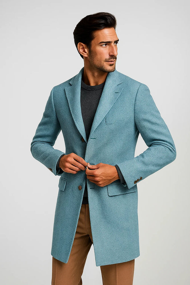 Mens Carcoat - Light Blue Three Quarter Peak Lapel Topcoat