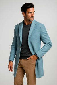 Mens Carcoat - Light Blue Three Quarter Peak Lapel Topcoat