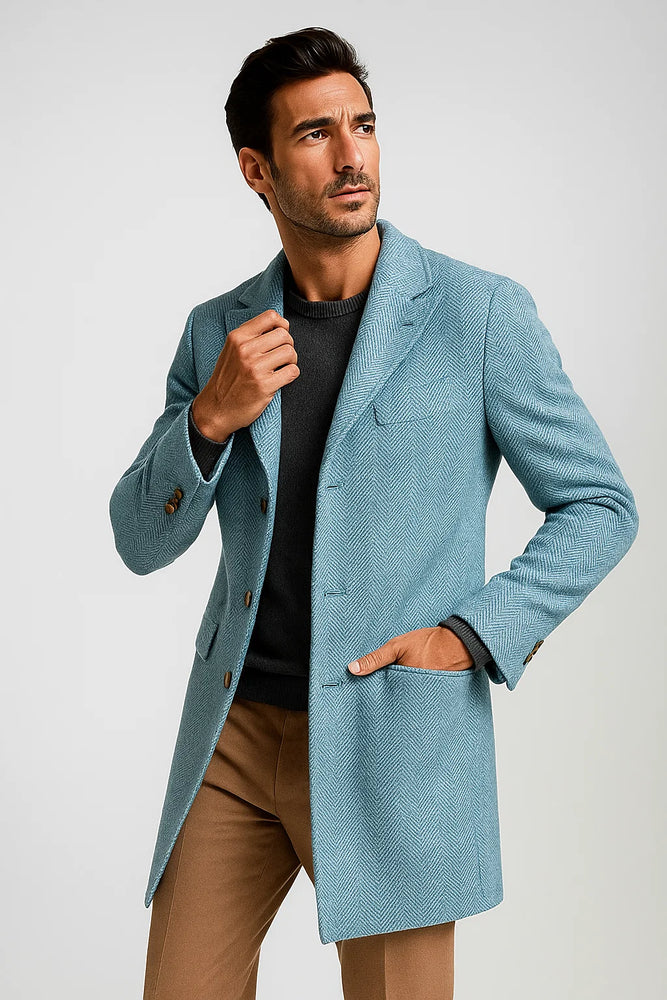 Mens Carcoat - Light Blue Three Quarter Peak Lapel Topcoat