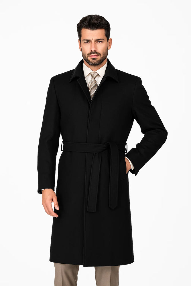 Belted Overcoat ( Very Dark Grey Almost Black ) Or (Navy Blue ) Or (Camel) Or ( Charcoal Grey ) Long Men's Dress Topcoat - Winter Coat Full Lengt
