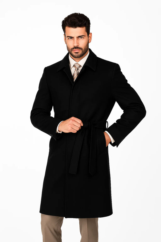 Belted Overcoat ( Very Dark Grey Almost Black ) Or (Navy Blue ) Or (Camel) Or ( Charcoal Grey ) Long Men's Dress Topcoat - Winter Coat Full Lengt