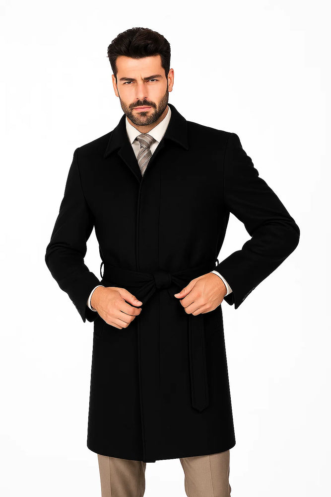 Belted Overcoat ( Very Dark Grey Almost Black ) Or (Navy Blue ) Or (Camel) Or ( Charcoal Grey ) Long Men's Dress Topcoat - Winter Coat Full Lengt