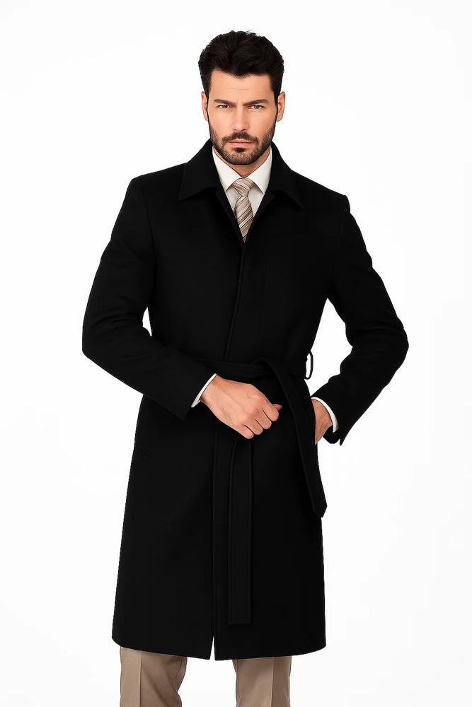 Belted Overcoat ( Very Dark Grey Almost Black ) Or (Navy Blue ) Or (Camel) Or ( Charcoal Grey ) Long Men's Dress Topcoat - Winter Coat Full Lengt