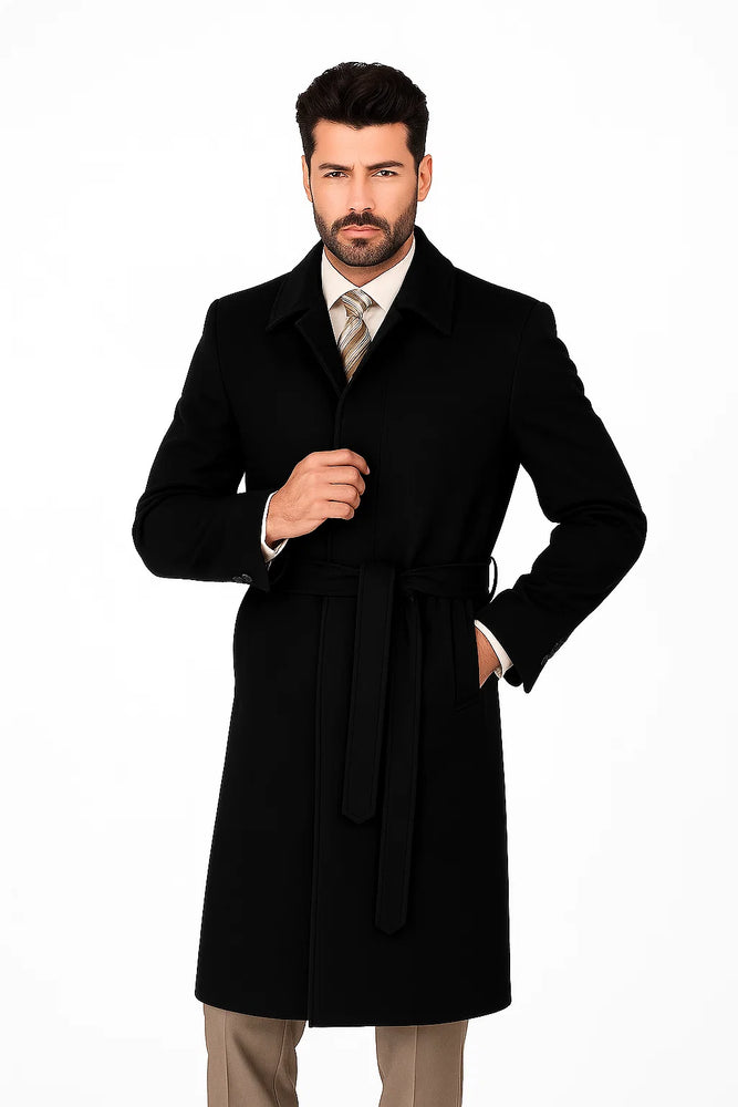 Belted Overcoat ( Very Dark Grey Almost Black ) Or (Navy Blue ) Or (Camel) Or ( Charcoal Grey ) Long Men's Dress Topcoat - Winter Coat Full Lengt