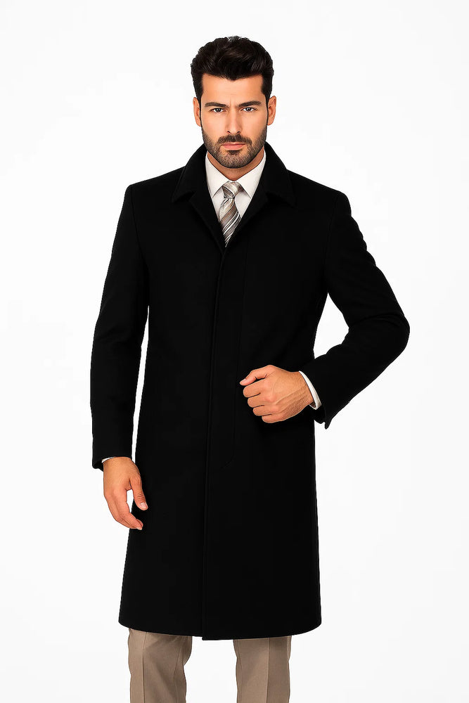Belted Overcoat ( Very Dark Grey Almost Black ) Or (Navy Blue ) Or (Camel) Or ( Charcoal Grey ) Long Men's Dress Topcoat - Winter Coat Full Lengt