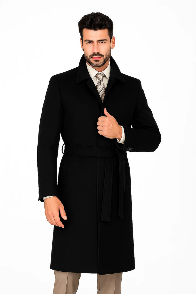 Belted Overcoat ( Very Dark Grey Almost Black ) Or (Navy Blue ) Or (Camel) Or ( Charcoal Grey ) Long Men's Dress Topcoat - Winter Coat Full Lengt