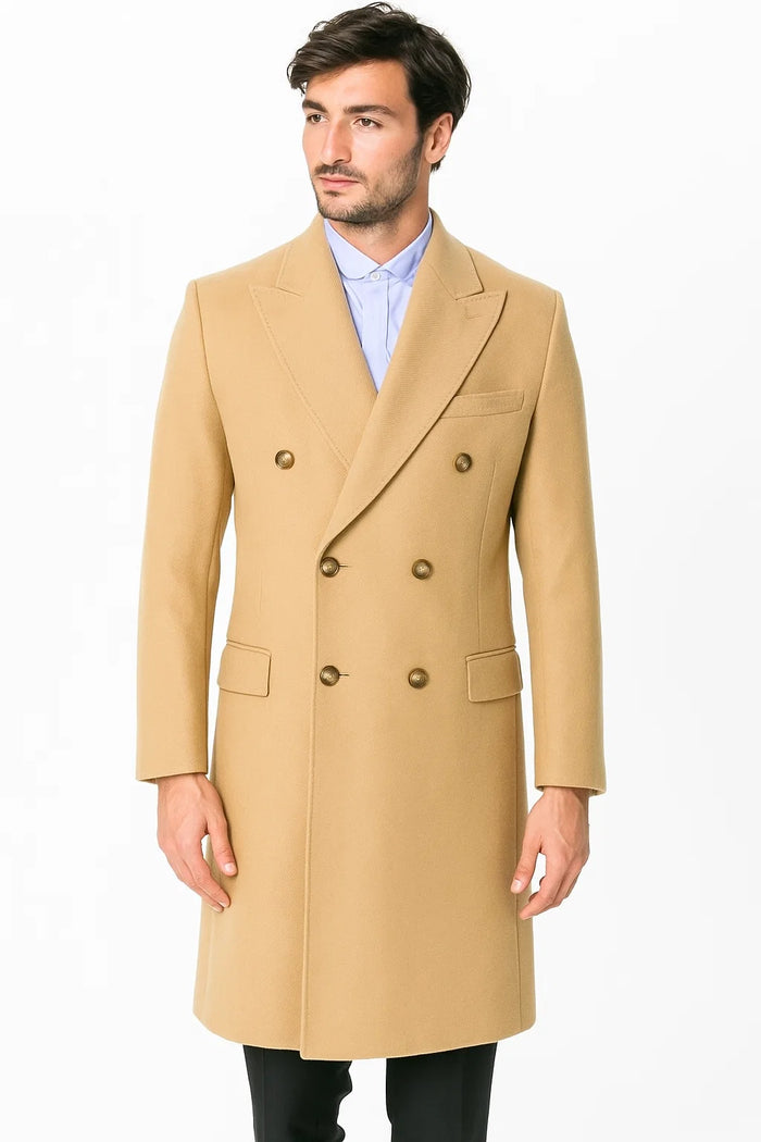 Men's Dress Coat Wool Blend Double Breasted Camel Back Vent Peak Lapel Overcoat Bronze Color Alberto Nardoni Collection