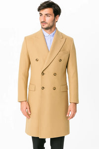 Men's Dress Coat Wool Blend Double Breasted Camel Back Vent Peak Lapel Overcoat Bronze Color Alberto Nardoni Collection