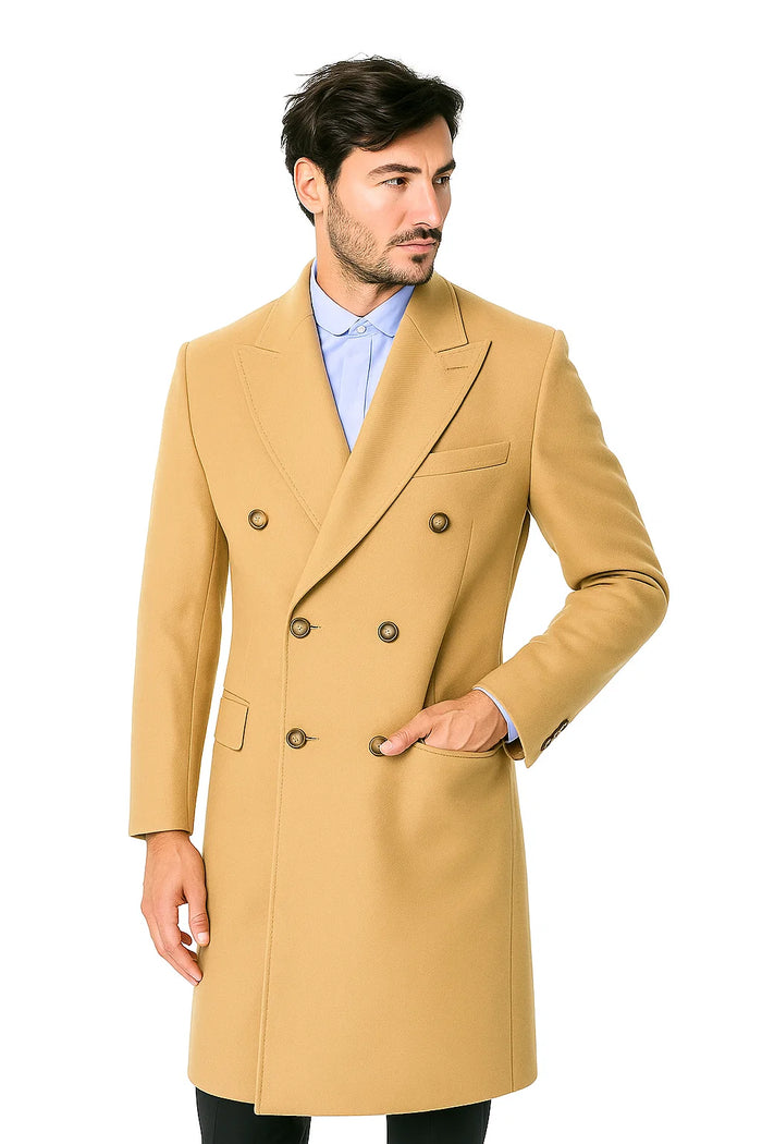 Men's Dress Coat Wool Blend Double Breasted Camel Back Vent Peak Lapel Overcoat Bronze Color Alberto Nardoni Collection