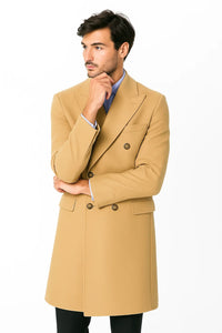 Men's Dress Coat Wool Blend Double Breasted Camel Back Vent Peak Lapel Overcoat Bronze Color Alberto Nardoni Collection