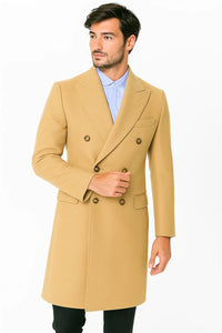 Men's Dress Coat Wool Blend Double Breasted Camel Back Vent Peak Lapel Overcoat Bronze Color Alberto Nardoni Collection