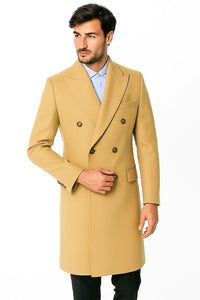 Men's Dress Coat Wool Blend Double Breasted Camel Back Vent Peak Lapel Overcoat Bronze Color Alberto Nardoni Collection