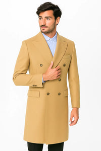 Men's Dress Coat Wool Blend Double Breasted Camel Back Vent Peak Lapel Overcoat Bronze Color Alberto Nardoni Collection