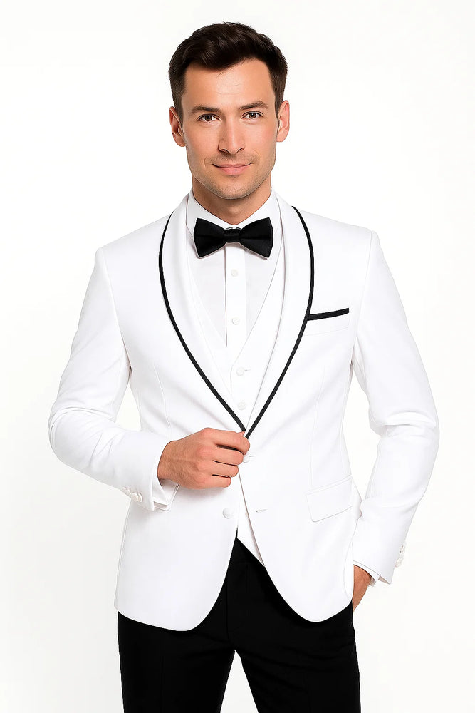 Men's Shawl Lapel With Trim 1 Button Blazer White Sport Coat Dinner Jacket With Trim