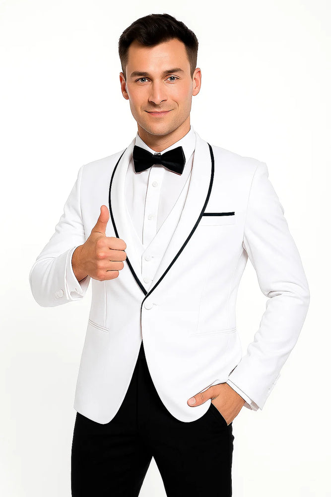 Men's Shawl Lapel With Trim 1 Button Blazer White Sport Coat Dinner Jacket With Trim