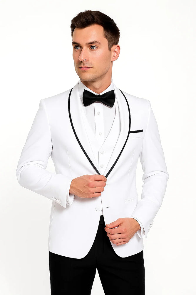 Men's Shawl Lapel With Trim 1 Button Blazer White Sport Coat Dinner Jacket With Trim