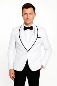 Men's Shawl Lapel With Trim 1 Button Blazer White Sport Coat Dinner Jacket With Trim