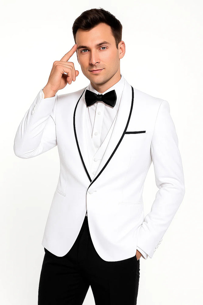 Men's Shawl Lapel With Trim 1 Button Blazer White Sport Coat Dinner Jacket With Trim