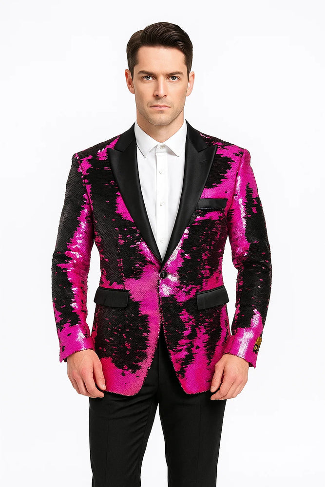 Alberto Nardoni Brand Fashion Men's Fuchsia Pink & Black Lapel Blazer ~ Sport Coat Tuxedo Dinner Jacket Sequin ~ Shiny Paisley