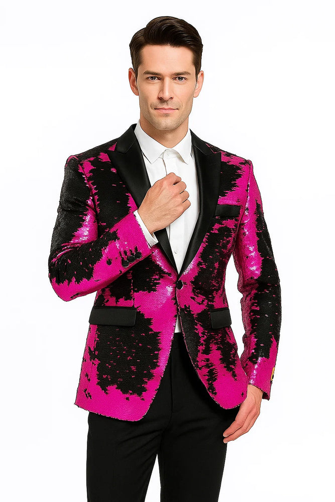 Alberto Nardoni Brand Fashion Men's Fuchsia Pink & Black Lapel Blazer ~ Sport Coat Tuxedo Dinner Jacket Sequin ~ Shiny Paisley