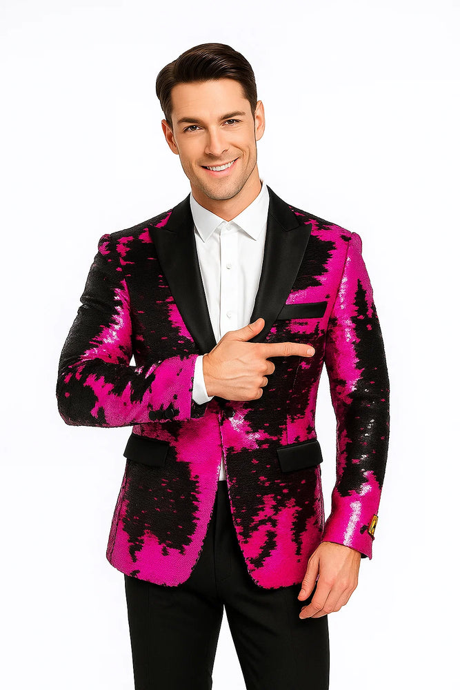 Alberto Nardoni Brand Fashion Men's Fuchsia Pink & Black Lapel Blazer ~ Sport Coat Tuxedo Dinner Jacket Sequin ~ Shiny Paisley