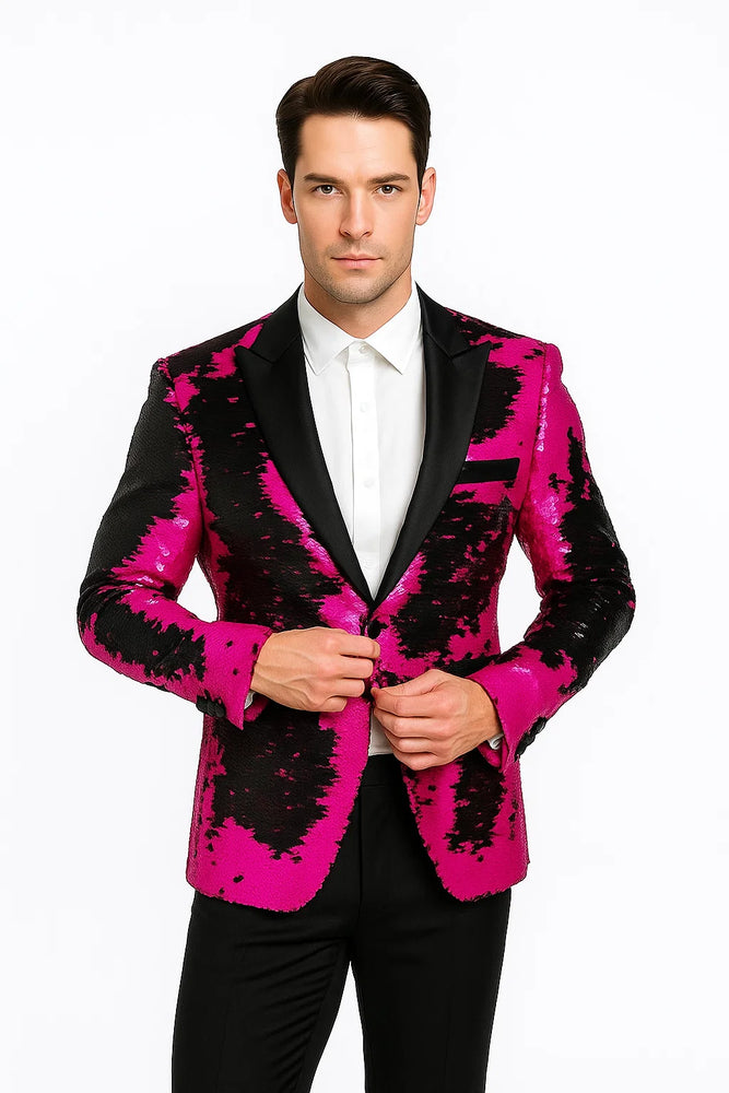 Alberto Nardoni Brand Fashion Men's Fuchsia Pink & Black Lapel Blazer ~ Sport Coat Tuxedo Dinner Jacket Sequin ~ Shiny Paisley