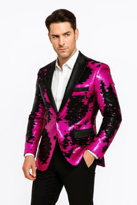Alberto Nardoni Brand Fashion Men's Fuchsia Pink & Black Lapel Blazer ~ Sport Coat Tuxedo Dinner Jacket Sequin ~ Shiny Paisley